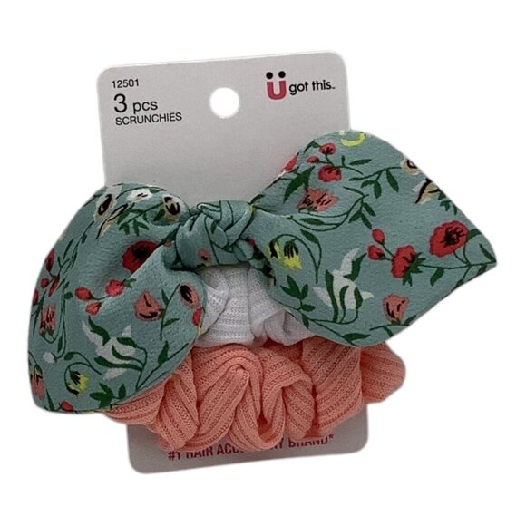 Scünci 3 Pcs U Got This Hair Scrunchies W/ Floral Bow Coral Multicolor 12501 - Picture 1 of 7